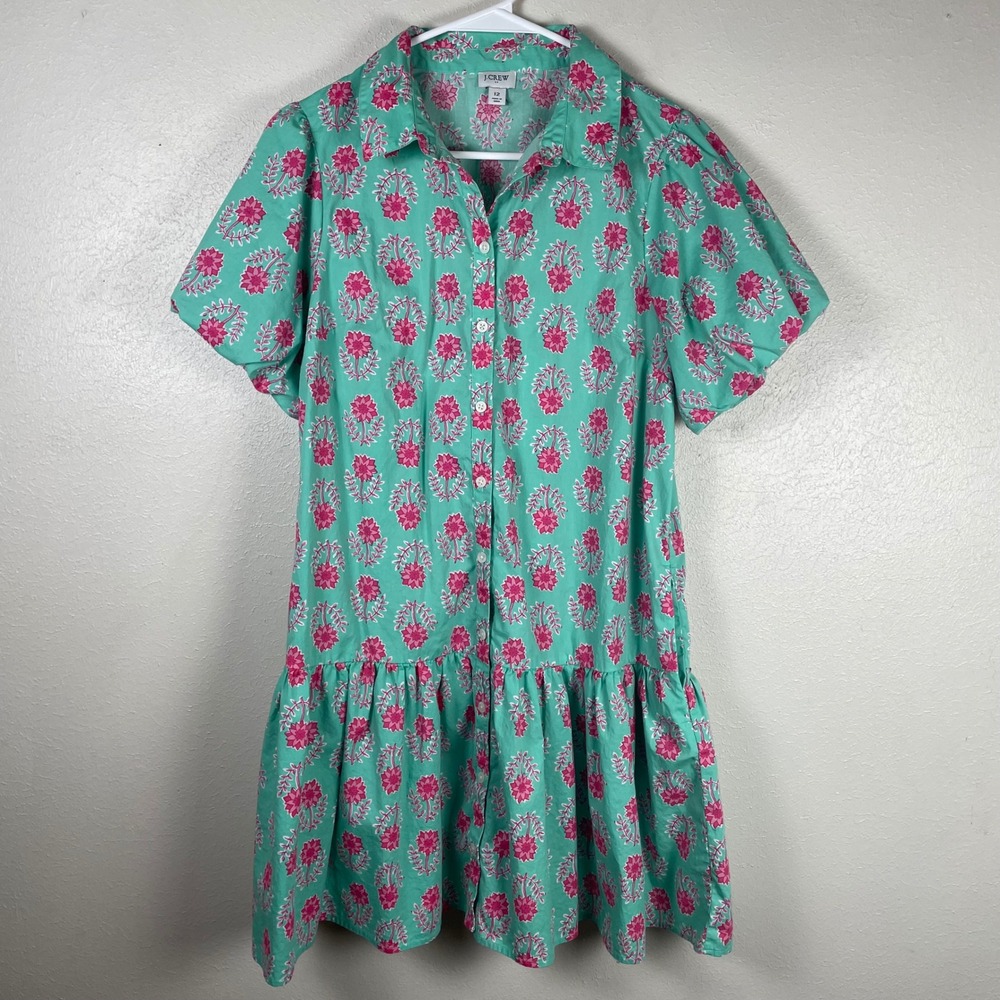 J.Crew Womens Floral Block Print Button Front Mini Dress Aqua Pink‎ size 12